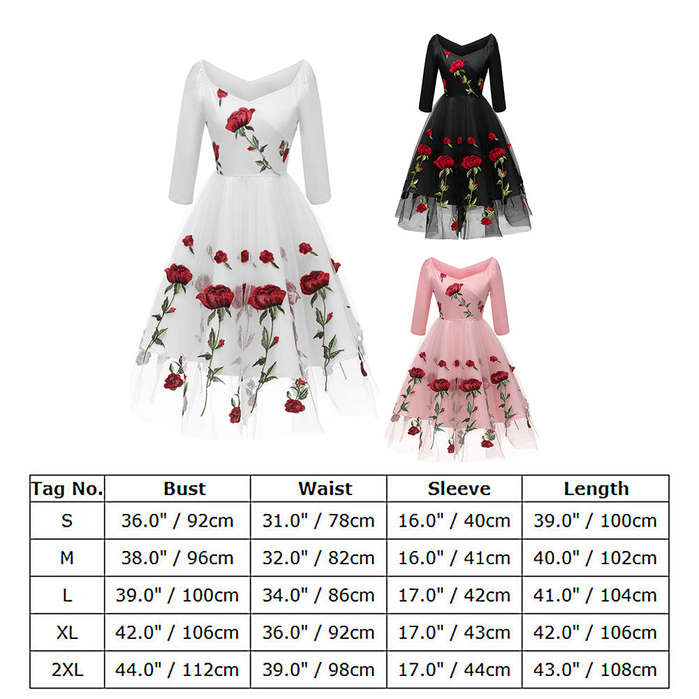 SIKWIN Women Vintage 1950s Embroidered Off Shoulder 3/4 Sleeves Flower Rose Wedding Cocktail Party Swing Gatsby Evening Short Gown