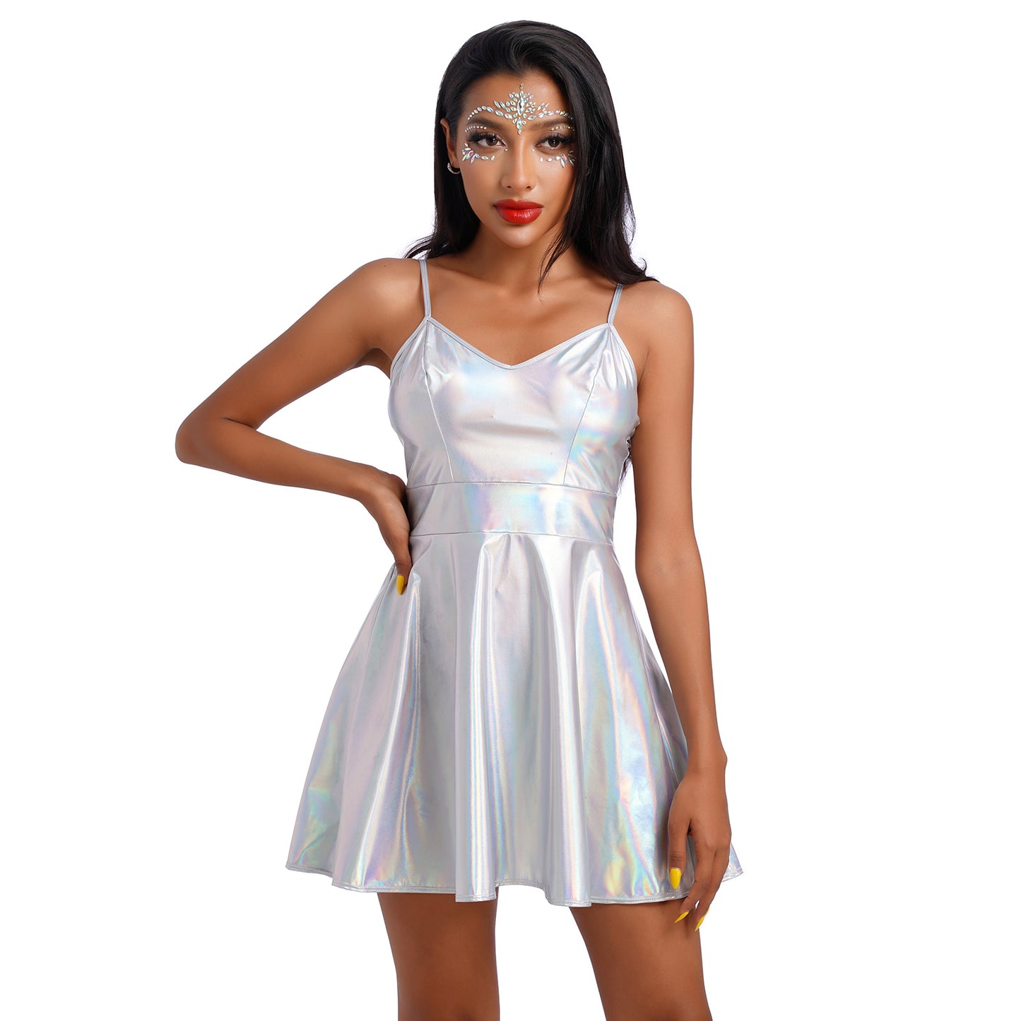 OMEWEE Metallic Spaghetti Straps Dress for Women Club Wear Sexy Fitted Cami Dress Disco Party Shiny Holographic Outfit
