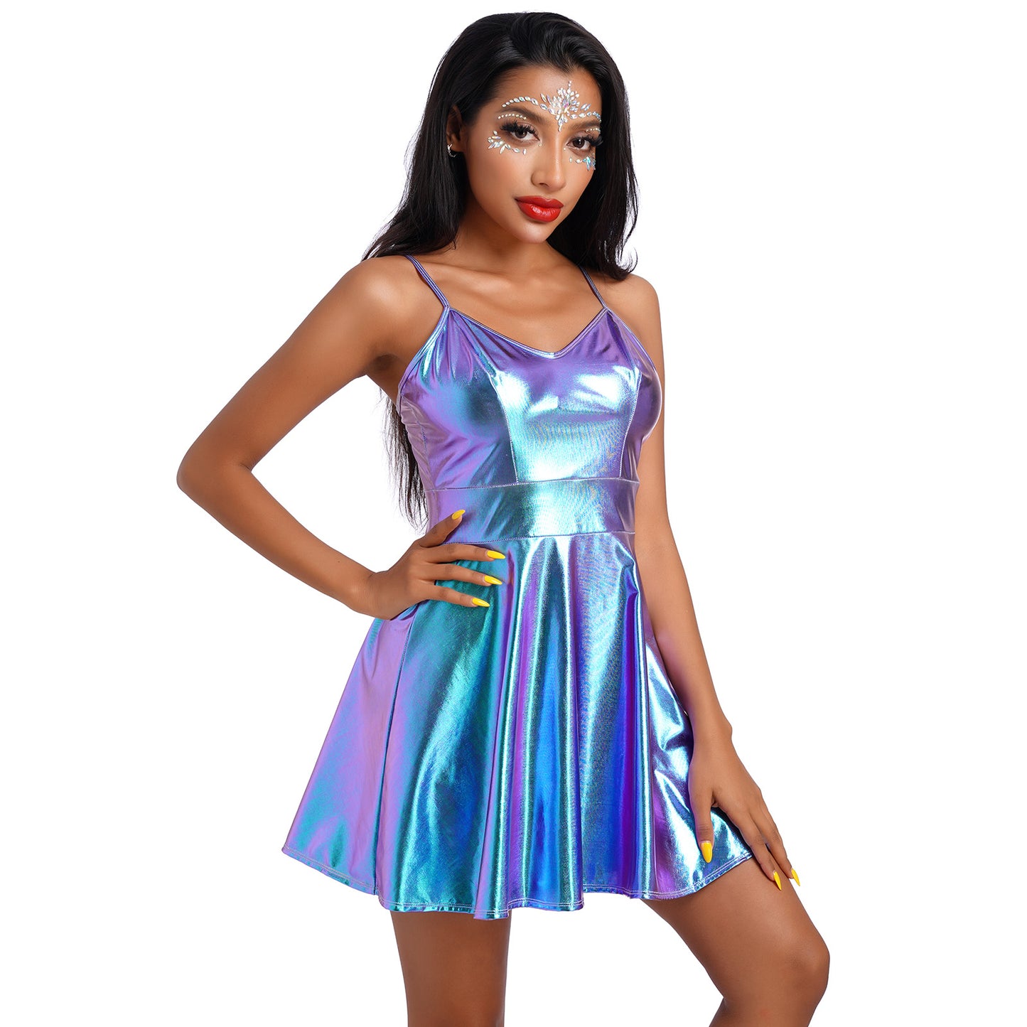 OMEWEE Metallic Spaghetti Straps Dress for Women Club Wear Sexy Fitted Cami Dress Disco Party Shiny Holographic Outfit