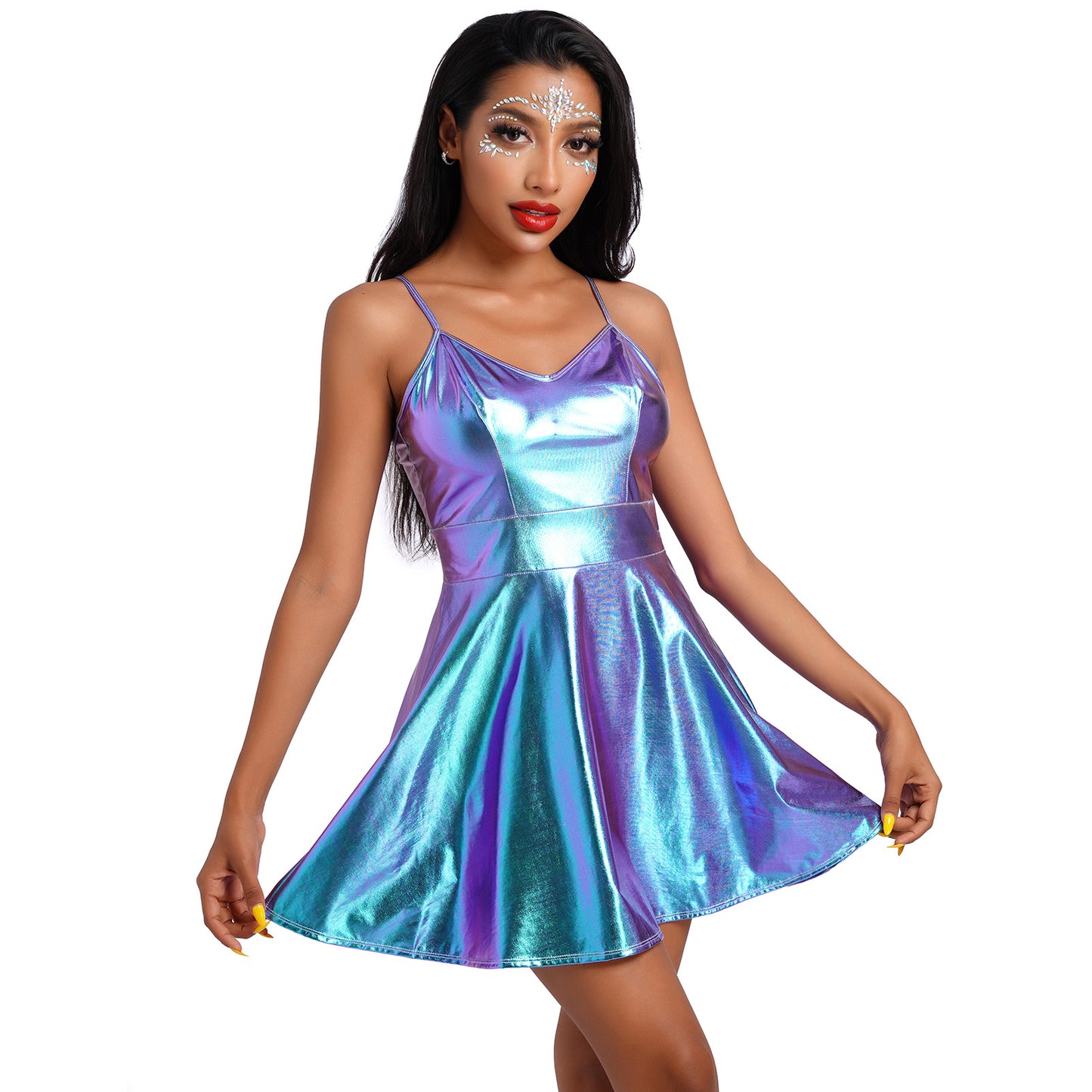 OMEWEE Metallic Spaghetti Straps Dress for Women Club Wear Sexy Fitted Cami Dress Disco Party Shiny Holographic Outfit