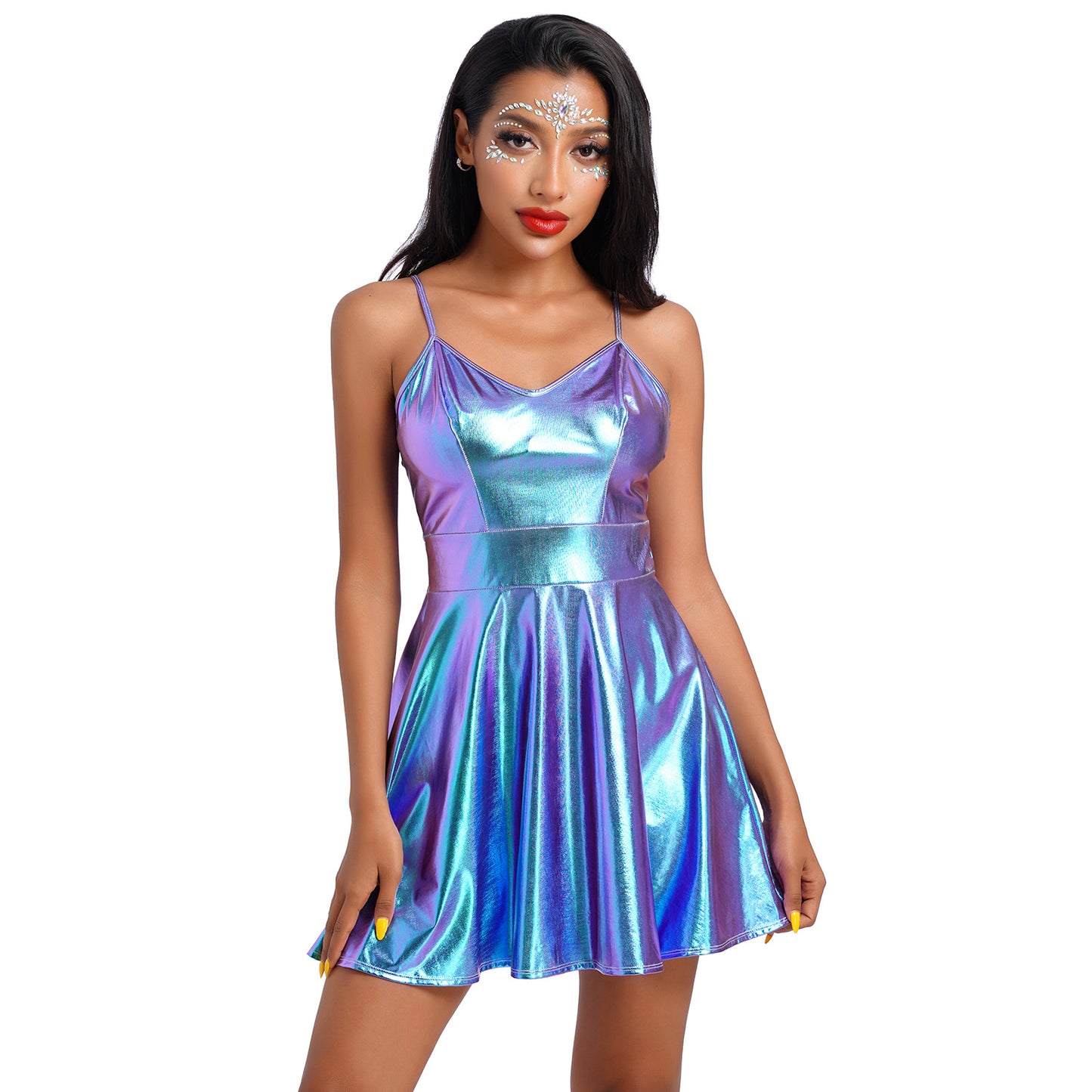 OMEWEE Metallic Spaghetti Straps Dress for Women Club Wear Sexy Fitted Cami Dress Disco Party Shiny Holographic Outfit