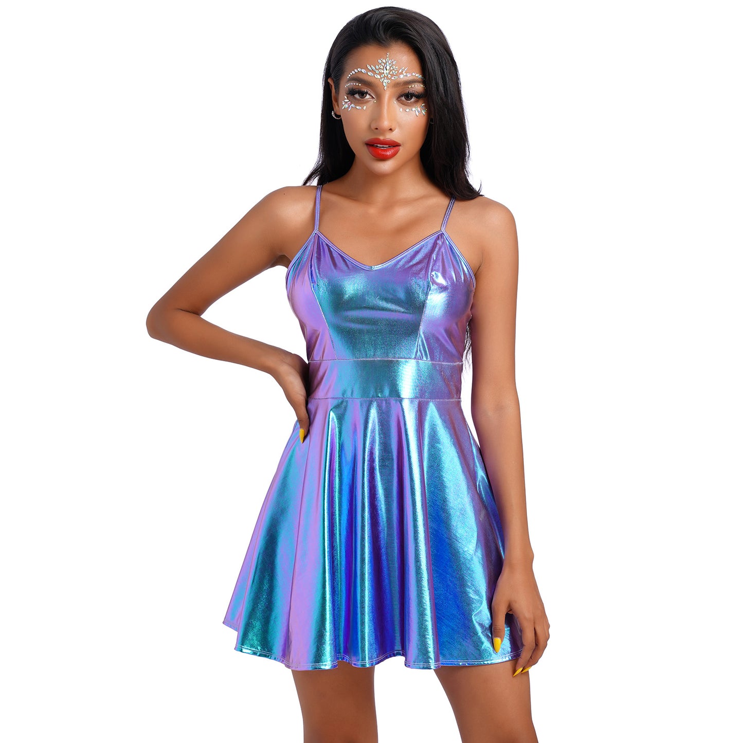 OMEWEE Metallic Spaghetti Straps Dress for Women Club Wear Sexy Fitted Cami Dress Disco Party Shiny Holographic Outfit