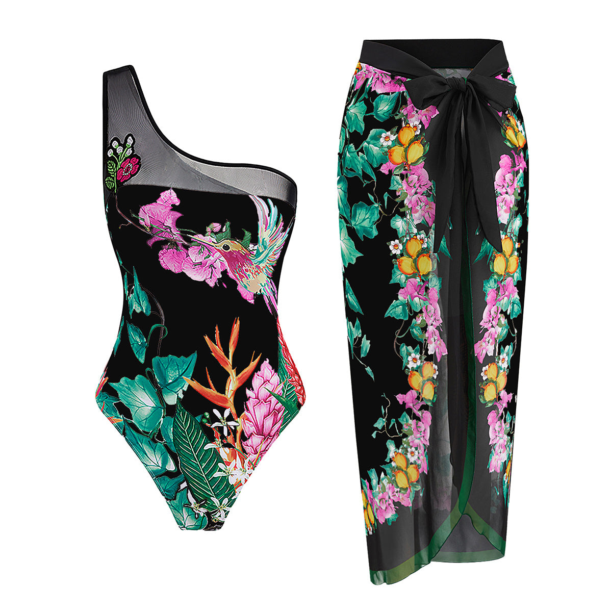 XIMVAY Women's One Piece Swimsuit with Beach Cover up Sarong Wrap Skirt 2PCS Halter Tummy Control Summer Bathing Suit