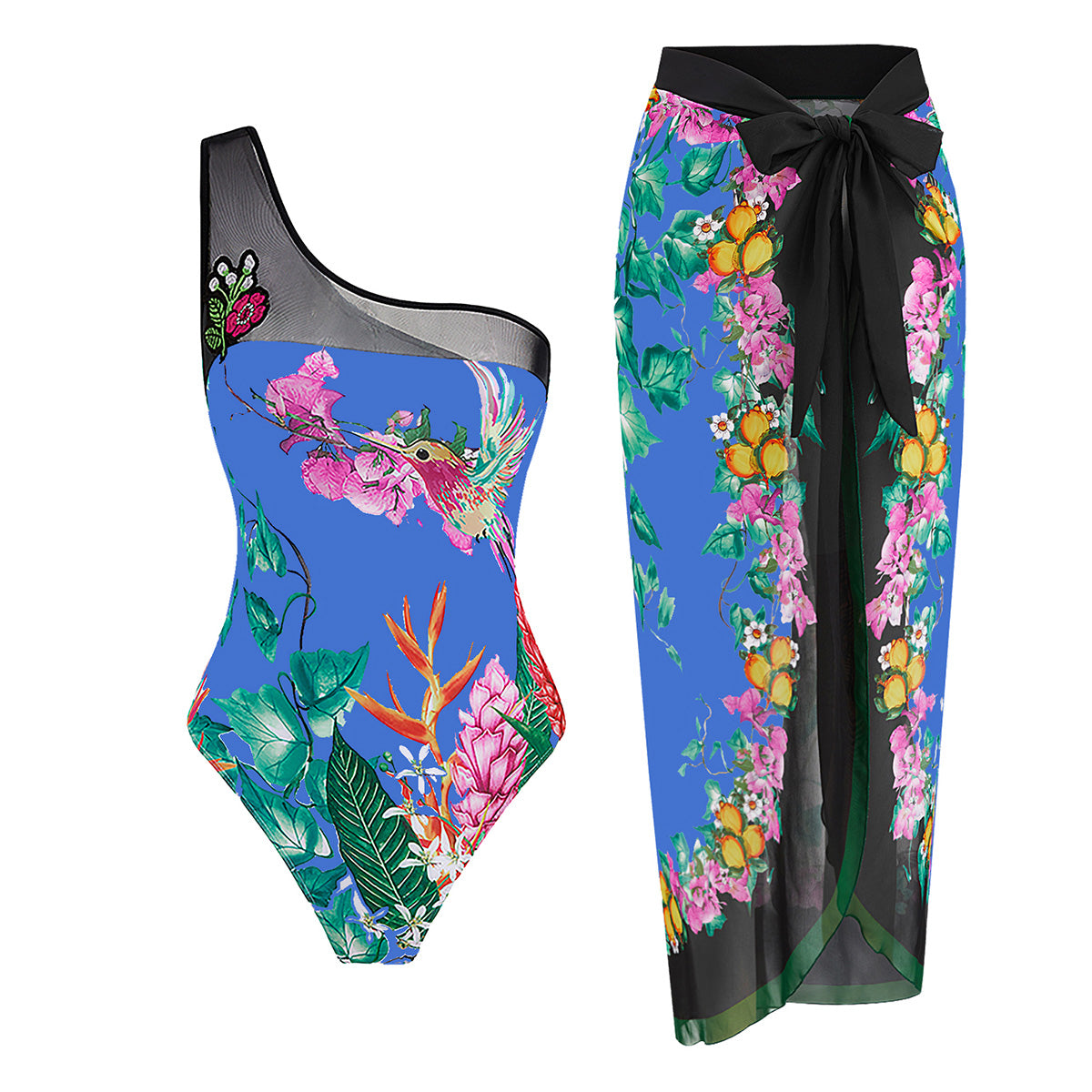 XIMVAY Women's One Piece Swimsuit with Beach Cover up Sarong Wrap Skirt 2PCS Halter Tummy Control Summer Bathing Suit