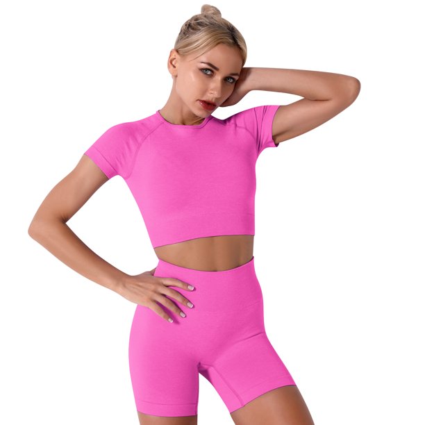 Women Workout Sets Yoga Outfits, Short Sleeve Crop Top with High Waisted Running Short Pants Activewear Set, 2-Piece (S-L, Female)