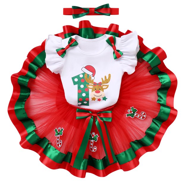 Baby Girls 1st Birthday Cake Smash Outfit Princess Romper + Tutu Skirt + Headband Clothes Set, 3-Piece