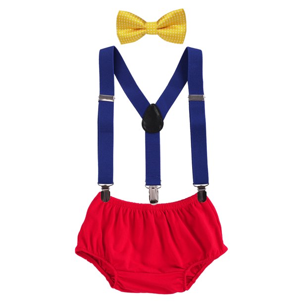 Baby Boys First 1st Birthday Cake Smash Outfit Diaper Cover Pants + Suspenders + Bow Tie Leisure Clothes Set, 3-Piece