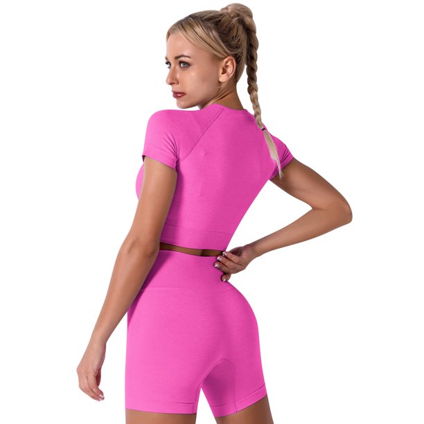 Women Workout Sets Yoga Outfits, Short Sleeve Crop Top with High Waisted Running Short Pants Activewear Set, 2-Piece (S-L, Female)