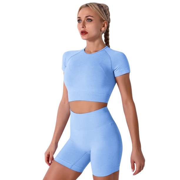 Women Workout Sets Yoga Outfits, Short Sleeve Crop Top with High Waisted Running Short Pants Activewear Set, 2-Piece (S-L, Female)