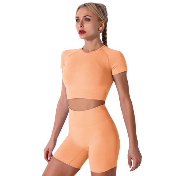 Women Workout Sets Yoga Outfits, Short Sleeve Crop Top with High Waisted Running Short Pants Activewear Set, 2-Piece (S-L, Female)