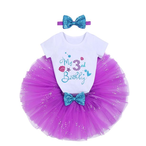 Baby Girls Mermaid 1st Birthday Cake Smash Outfit Princess Romper + Tutu Skirt + Shiny Bowknot Headband Leisure Clothes Set, 3-Piece