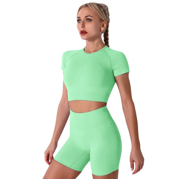 Women Workout Sets Yoga Outfits, Short Sleeve Crop Top with High Waisted Running Short Pants Activewear Set, 2-Piece (S-L, Female)
