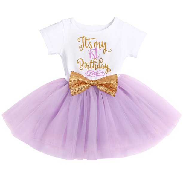 Baby Girls 1st Birthday Leisure Cake Smash Clothes, Short Shiny Letter Printed Sequin Bow Tulle Spliced Tutu Princess Dress