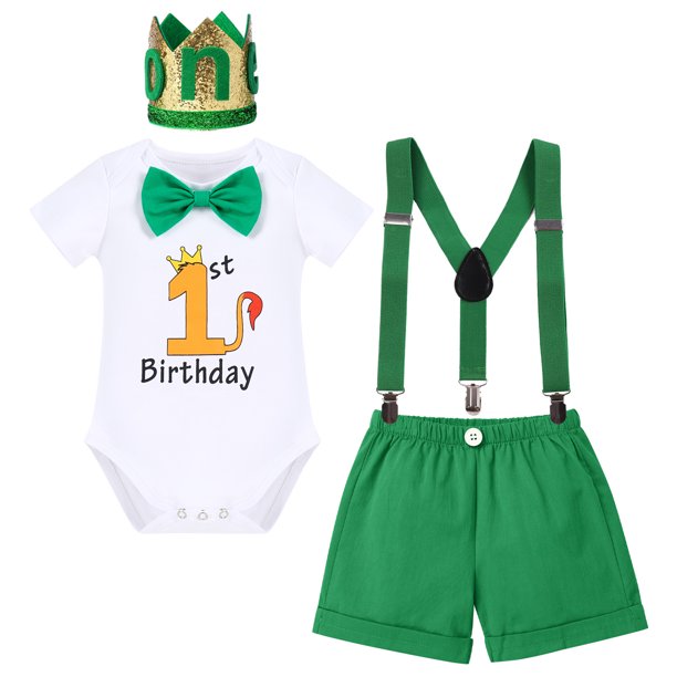 Baby Boys 1st Birthday Bow Tie Romper, Short Pants, Suspenders & Headband Leisure Outfit Set, 4-Piece, 12 Months