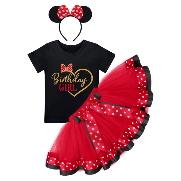 Toddler Girls Birthday Outfit Polka Dots Tops Tutu Skirt Mouse Ears Headband Cake Smash Leisure Set (3-Piece, 3-5T)