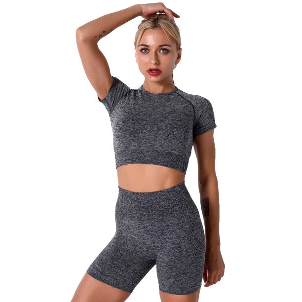 Women Workout Sets Yoga Outfits, Short Sleeve Crop Top with High Waisted Running Short Pants Activewear Set, 2-Piece (S-L, Female)