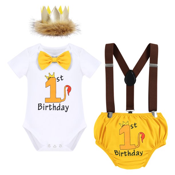 Baby Boys Wild One First Birthday Outfit, Bow Tie Romper, Suspenders, Short Pants & Headband Cake Smash Leisure Clothes Set, 4-Piece