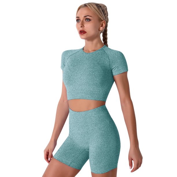 Women Workout Sets Yoga Outfits, Short Sleeve Crop Top with High Waisted Running Short Pants Activewear Set, 2-Piece (S-L, Female)