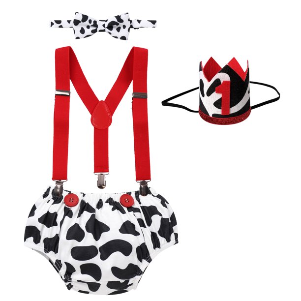 Baby Boys First Birthday Cake Smash Outfit Diaper Cover Shorts Pants + Suspenders + Bow Tie + Headband Clothes Set, 4-Piece