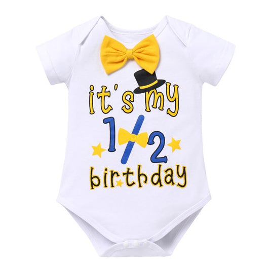Baby Boy Half/First Birthday Cake Smash Outfit Short Sleeve Bow Tie Romper + Diaper Cover Pants + Suspenders + Headband Leisure Clothes Set, 4-Piece
