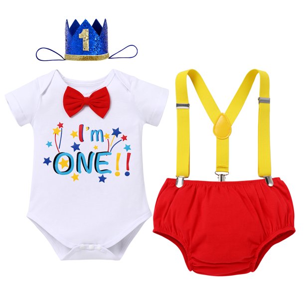 Baby Boy Half/First Birthday Cake Smash Outfit Short Sleeve Bow Tie Romper + Diaper Cover Pants + Suspenders + Headband Leisure Clothes Set, 4-Piece