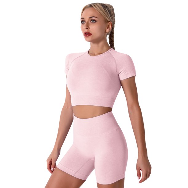 Women Workout Sets Yoga Outfits, Short Sleeve Crop Top with High Waisted Running Short Pants Activewear Set, 2-Piece (S-L, Female)