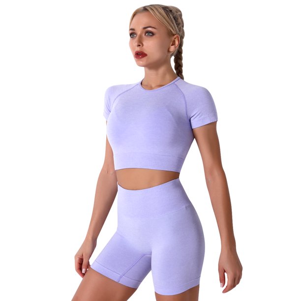 Women Workout Sets Yoga Outfits, Short Sleeve Crop Top with High Waisted Running Short Pants Activewear Set, 2-Piece (S-L, Female)