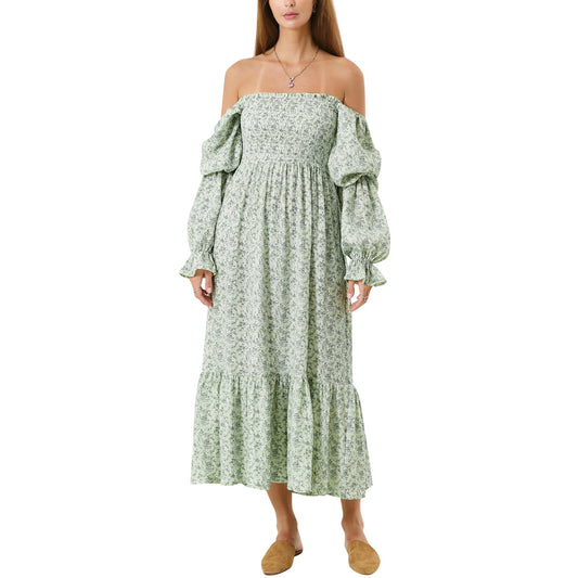 OKELUX	Women Maternity Dress Floral Baby Shower Off Shoulder Puff Sleeve Maternity Boho Smocked Flowy Pregnancy Dresses