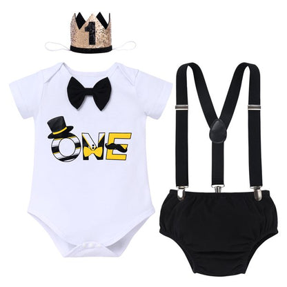 Baby Boy Half/First Birthday Cake Smash Outfit Short Sleeve Bow Tie Romper + Diaper Cover Pants + Suspenders + Headband Leisure Clothes Set, 4-Piece