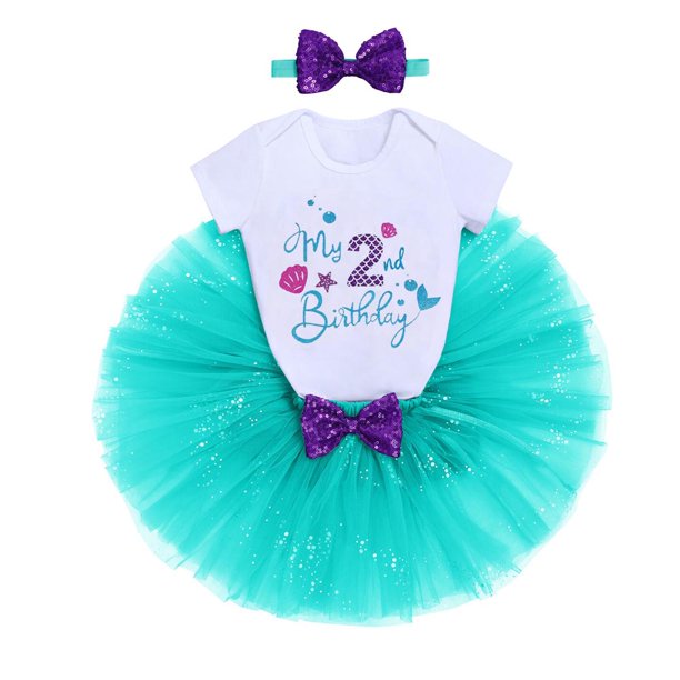 Baby Girls Mermaid 1st Birthday Cake Smash Outfit Princess Romper + Tutu Skirt + Shiny Bowknot Headband Leisure Clothes Set, 3-Piece