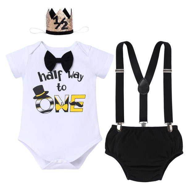 Baby Boy Half/First Birthday Cake Smash Outfit Short Sleeve Bow Tie Romper + Diaper Cover Pants + Suspenders + Headband Leisure Clothes Set, 4-Piece