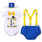 Baby Boy Half/First Birthday Cake Smash Outfit Short Sleeve Bow Tie Romper + Diaper Cover Pants + Suspenders + Headband Leisure Clothes Set, 4-Piece