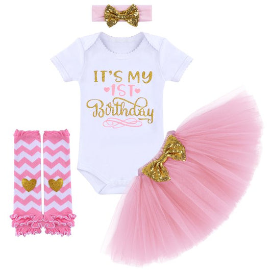 Baby Girls 1st Birthday Cake Smash Outfit Princess Romper + Tutu Skirt + Headband + Leg Warmers Clothes Set, 4-Piece