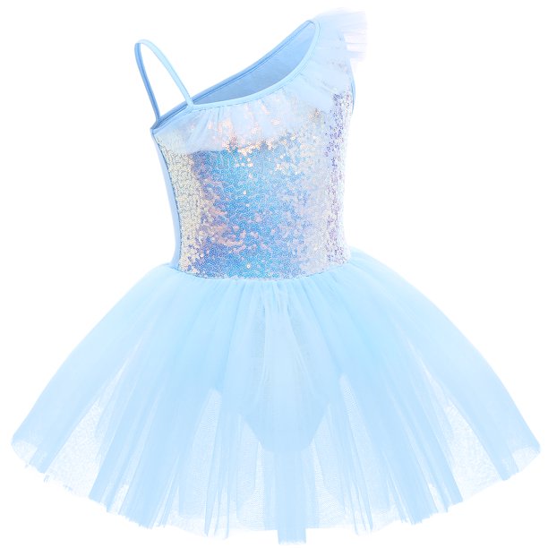 Kid Girls Sequins Ruffle One Shoulder Ballet Dance Dress Tulle Tutu Skirt