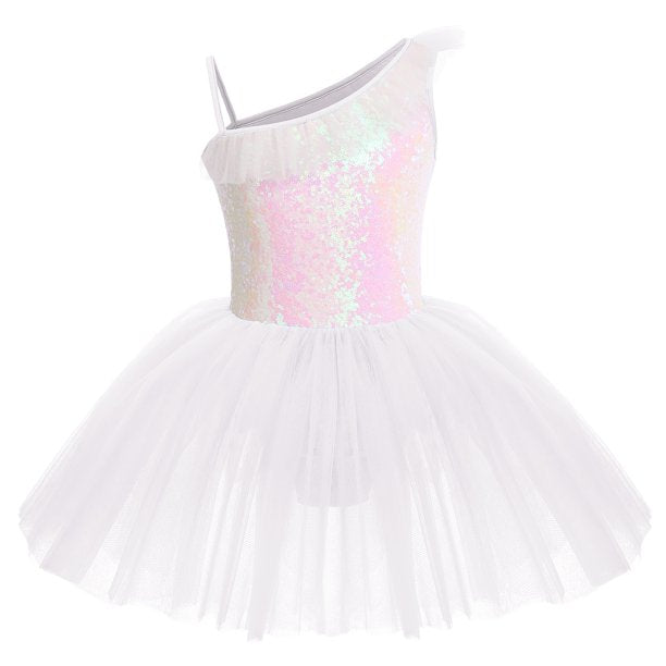 Kid Girls Sequins Ruffle One Shoulder Ballet Dance Dress Tulle Tutu Skirt