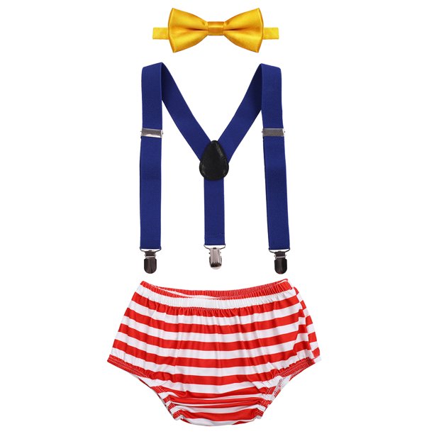 Baby Boys First 1st Birthday Cake Smash Outfit Diaper Cover + Suspenders + Bow Tie for Photo Props