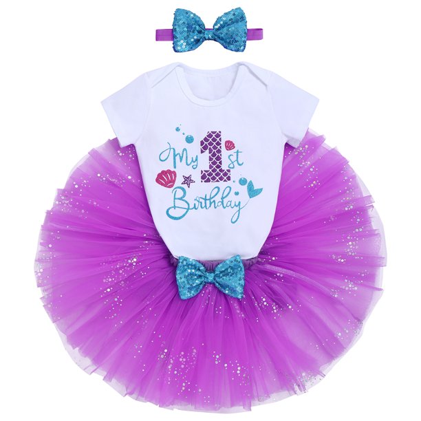 Baby Girls Mermaid 1st Birthday Cake Smash Outfit Princess Romper + Tutu Skirt + Shiny Bowknot Headband Leisure Clothes Set, 3-Piece