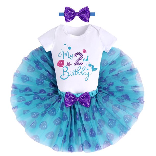 Baby Girls Mermaid 1st Birthday Cake Smash Outfit Princess Romper + Tutu Skirt + Shiny Bowknot Headband Leisure Clothes Set, 3-Piece