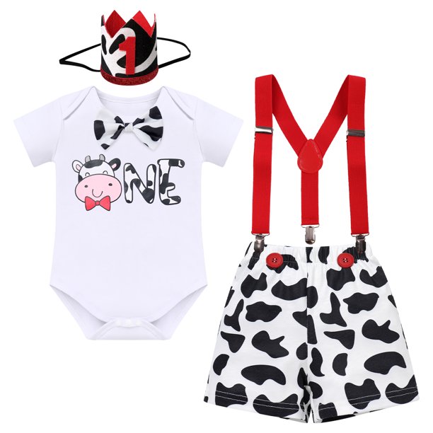 Baby Boys 1st Birthday Cake Smash Outfit Bow Tie Romper+Diaper Cover Shorts+Suspenders+Headband Clothes Set, 4-Piece