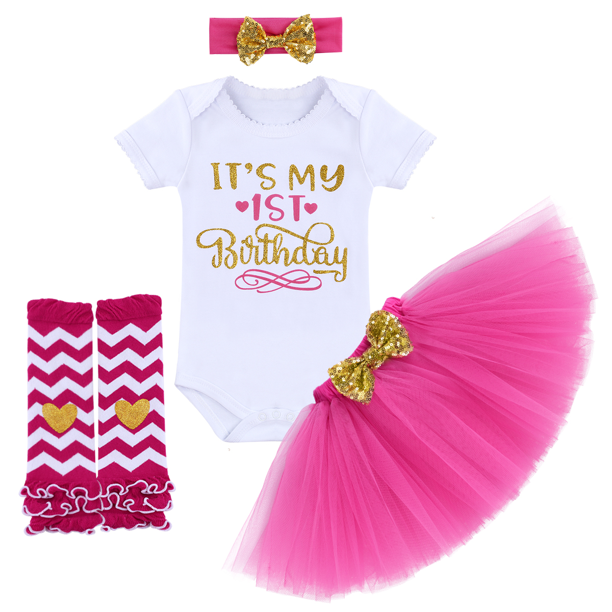 Baby Girls 1st Birthday Cake Smash Outfit Princess Romper + Tutu Skirt + Headband + Leg Warmers Clothes Set, 4-Piece