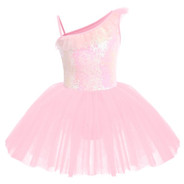 Kid Girls Sequins Ruffle One Shoulder Ballet Dance Dress Tulle Tutu Skirt