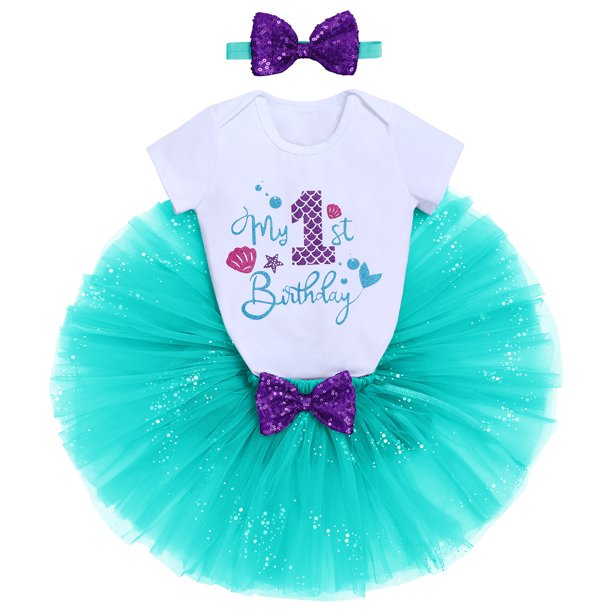 Baby Girls Mermaid 1st Birthday Cake Smash Outfit Princess Romper + Tutu Skirt + Shiny Bowknot Headband Leisure Clothes Set, 3-Piece