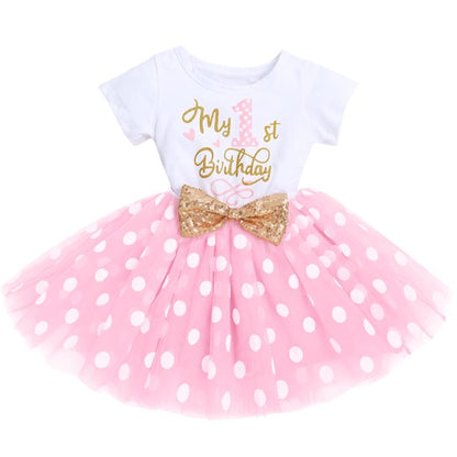 Baby Girls 1st Birthday Leisure Cake Smash Clothes, Short Shiny Letter Printed Sequin Bow Tulle Spliced Tutu Princess Dress