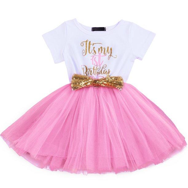 Baby Girls 1st Birthday Leisure Cake Smash Clothes, Short Shiny Letter Printed Sequin Bow Tulle Spliced Tutu Princess Dress