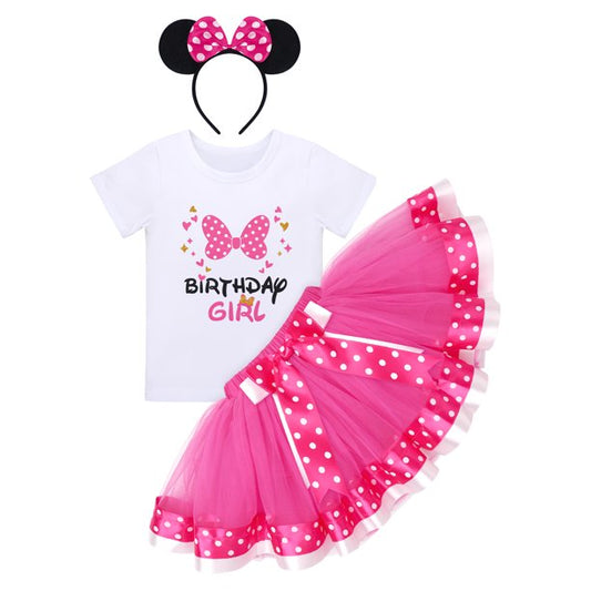 Toddler Girls Birthday Outfit Polka Dots Tops Tutu Skirt Mouse Ears Headband Cake Smash Leisure Set (3-Piece, 3-5T)