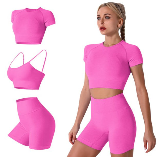 Women Workout Sets Yoga Outfits, Short Sleeve Crop Top with High Waisted Running Short Pants Activewear Set, 3-Piece (S-L, Female)