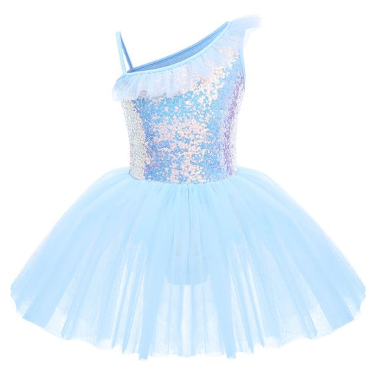 Kid Girls Sequins Ruffle One Shoulder Ballet Dance Dress Tulle Tutu Skirt