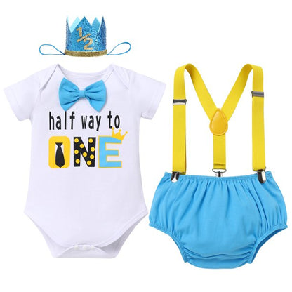 Baby Boy Half/First Birthday Cake Smash Outfit Short Sleeve Bow Tie Romper + Diaper Cover Pants + Suspenders + Headband Leisure Clothes Set, 4-Piece