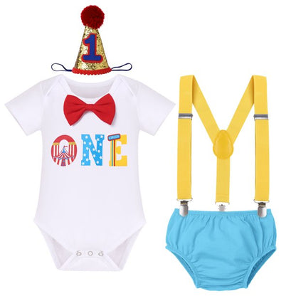Baby Boys 1st Birthday Cake Smash Outfit Bow Tie Romper+Diaper Cover Shorts+Suspenders+Headband Clothes Set, 4-Piece