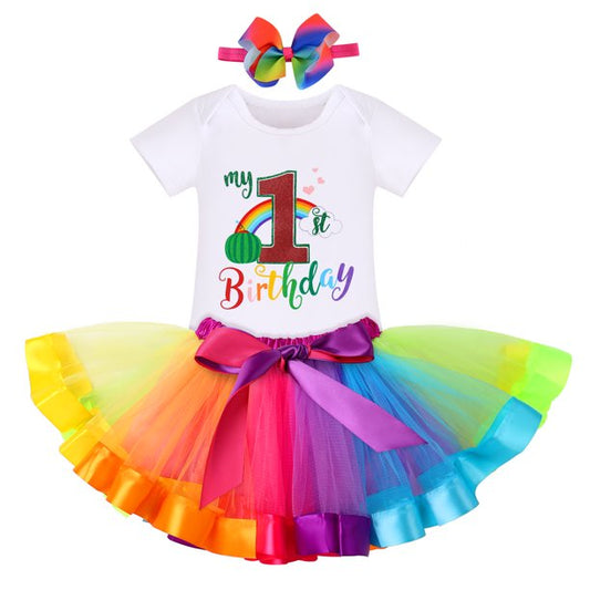 Baby Girls Watermelon First Birthday Outfit Leisure Princess Romper + Tutu Skirt + Headband Clothes Set, 3-Piece